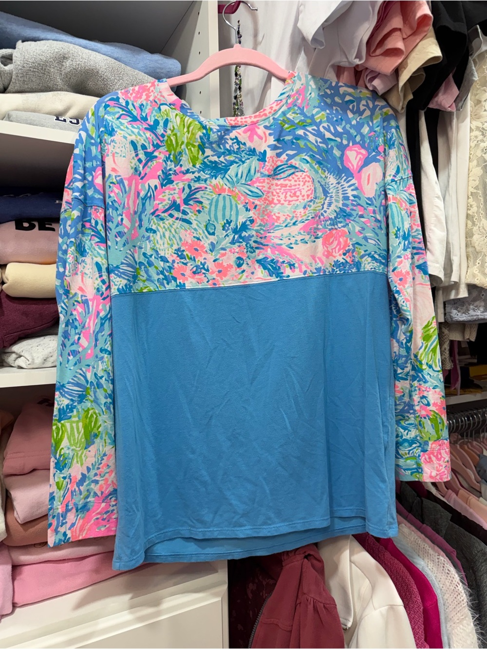 Lilly Pulitzer Luxletic Blue Floral-Print Long Sleeve Top, XS